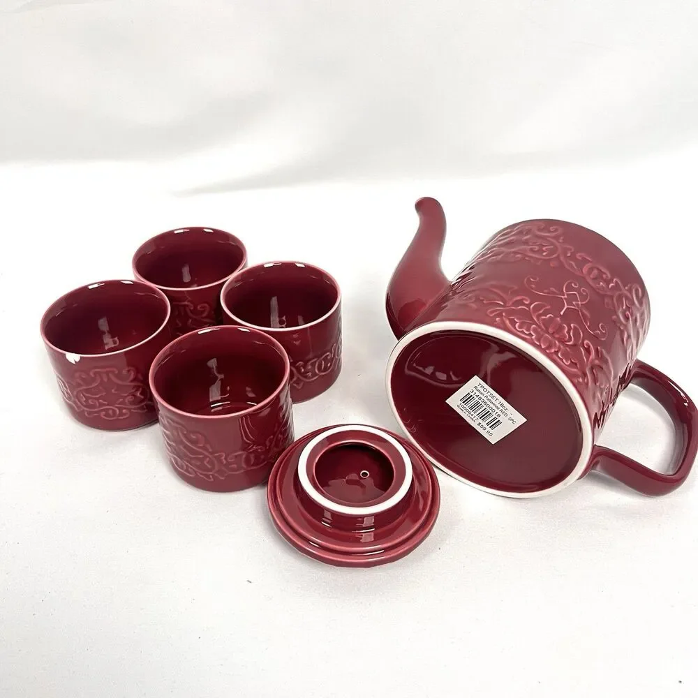 Teavana Rohan Pattern Red Ceramic 5 Pc Teapot Lid & 4 Cups Embossed Small Chip